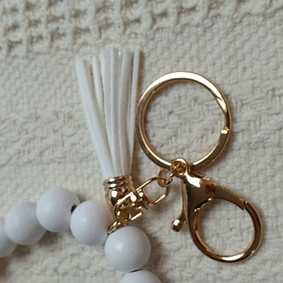 Wooden Keychain Pink, Green & White on stretchy cord w White tassel #8 - Picture 2 of 3